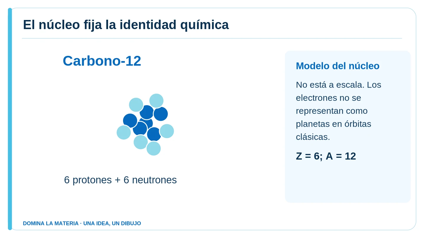 El núcleo fija la identidad química. Descripción en el texto contiguo.