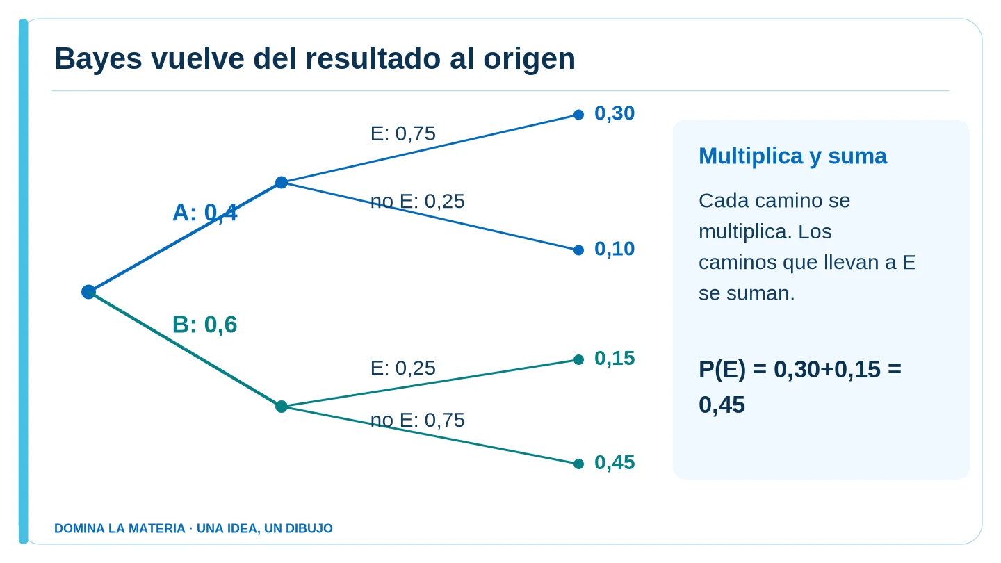 Bayes vuelve del resultado al origen. Descripción en el texto contiguo.