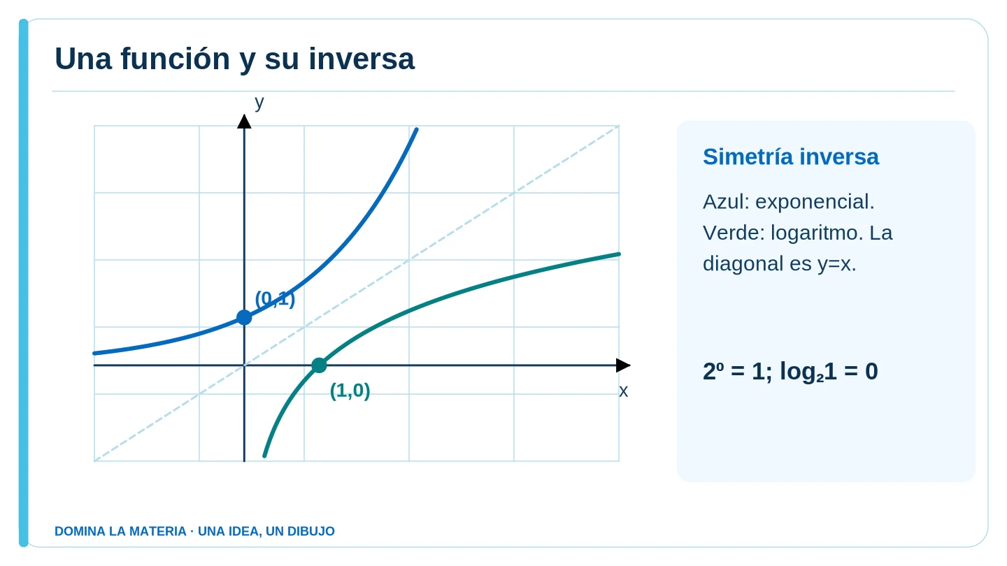 Una función y su inversa. Descripción en el texto contiguo.