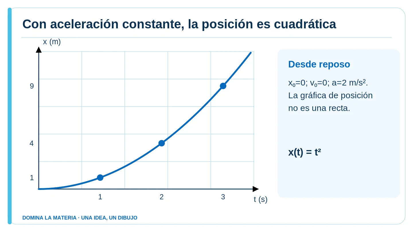 Con aceleración constante, la posición es cuadrática. Descripción en el texto contiguo.