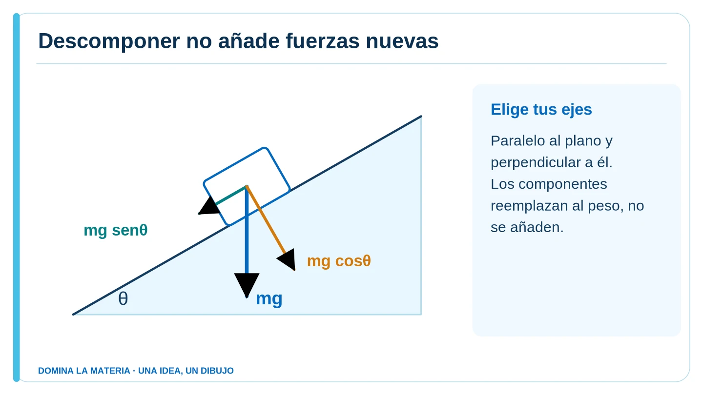 Descomponer no añade fuerzas nuevas. Descripción en el texto contiguo.