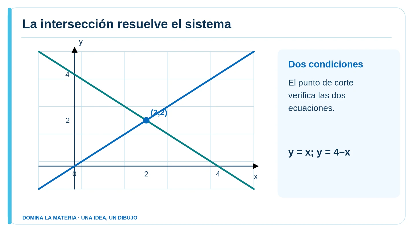 La intersección resuelve el sistema. Descripción en el texto contiguo.