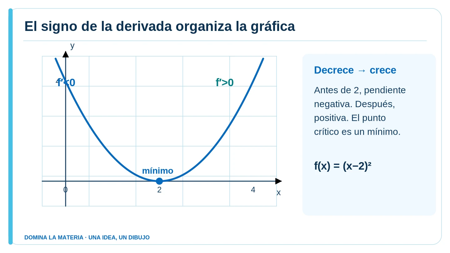 El signo de la derivada organiza la gráfica. Descripción en el texto contiguo.
