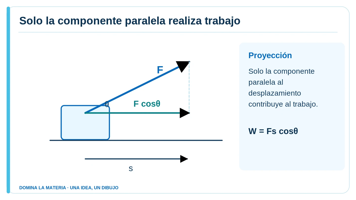 Solo la componente paralela realiza trabajo. Descripción en el texto contiguo.